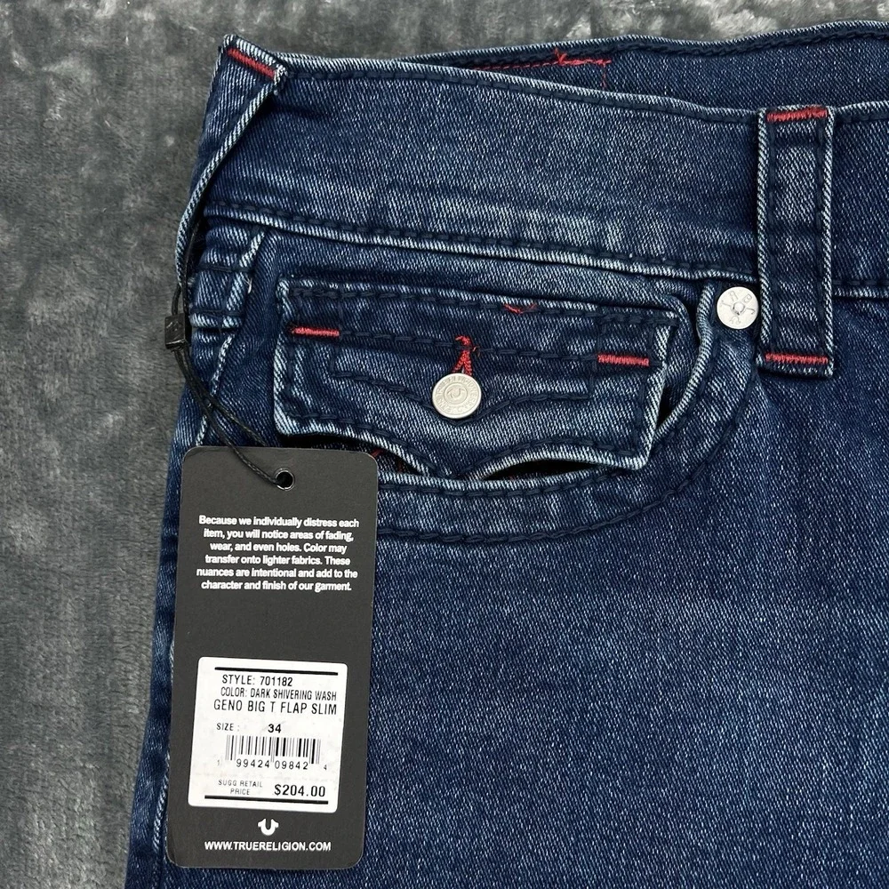 NWT True‎ Religion Dark Blue Red Stitch 34X30 Geno Relaxed Big T Flap $204 new